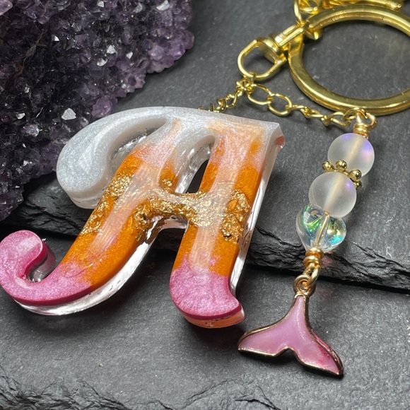 Orange, Pink and Cream Letter “A” Keychain with Gold Accents - Picture 5 of 11